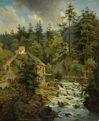 Unbekannter Maler, datiert 1866, Landschaft mit Mühle am Wildbach im Wald, Öl/Lwd, links unten unleserlich signiert, betitelt Alberschwende und ...