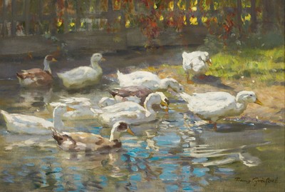 Franz Grässel, 1861 Obersasbach/Baden-1948 Emmering, Enten auf dem Wasser, Öl/Lwd, impressionistische Auffassung, rechts unten sign., ca. 43x62cm, ...