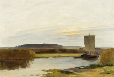 Franz Bunke, 1857 Schwaan-1939 Weimar, Abendliche Partie an der Warnow, Öl/Lwd, rechts unten sign., ca. 44x64.5cm, R. ca. 58x 79cm