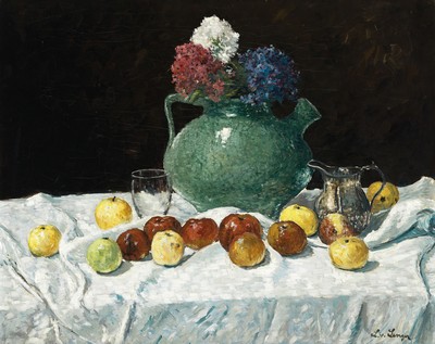 Ludwig von Senger, 1873 Waldsassen-1937 München, Stillleben mit Äpfeln und Hortensien, Öl/Lwd, rechts unten sign., ca. 65x81cm, R. ca. 69x85cm