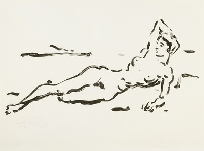 Arno Breker, 1900-1991, Liegende, Lithographie, handsign., num. 16/30, mit handschriftlicher Widmung an Peter Saar von 1978, ca. 37x50cm, PP, u.Gl., ...