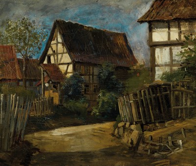 Jan Konrad Bohlender, 1860-1984, Dorflandschaft, Blick auf ein Fachwerkhaus, Öl/Platte, verso auf altem Etikett bezeichnet,Rahmen 37x43 cm