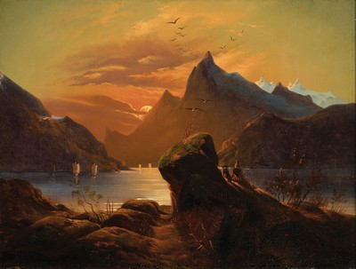 Unbekannter Spätromantiker, Ende 19.Jh., atmosphärische Seenlandschaft bei Sonnenuntergang, unsigniert, Öl/Lwd, 26x34 cm,Rahmen 38x45 cm