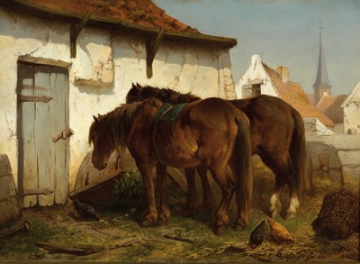 Wouterus Verschuur Jr., 1841-1936, 2 Warmblüter vor dem Stall, links unten signiert, Öl/Holz, 25x34 cm, Prunkrahmen 48x57 cm