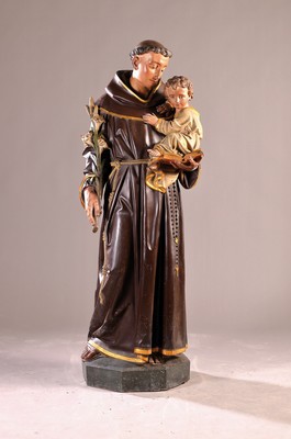 Große Heiligenfigur Antonius von Padua, um 1880/90, aus Keramik bemalt, H. ca. 164 cm