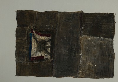Horst Egon Kalinowski, 1924-2013, Ohne Titel, Collage aus Sackleinen, Leder und Farbe, rückseitig gestempelt, ca. 57x39cm, u.Gl., R. ca. 75x55cm