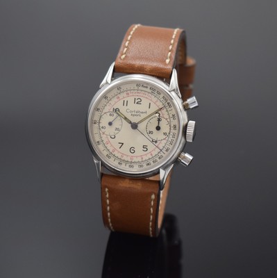 CORTEBERT verschraubter Schaltradchronograph in Stahl, Schweiz um 1950, Handaufzug, 2- tlg. Geh., ausgefallene Bandanstöße, silb. Zifferbl. rest., ...