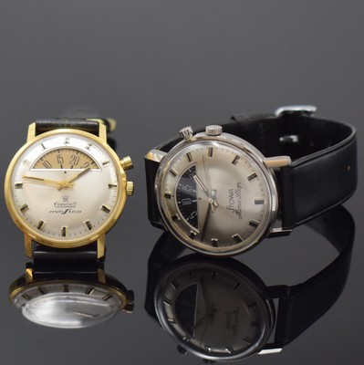 Set 2 Herrenarmbanduhren mit Kurzzeitmessern, beide Handaufzug, Deutschland um 1965, 1 x Exquisit minStop, verg. Geh., verschr. Stahlboden, 1 x Stowa ...