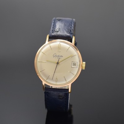 GLASHÜTTE Kaliber 69.1 vergoldete Armbanduhr, DDR um 1965, Handaufzug, 2-tlg. Geh., Stahlboden aufgedr., silb. Zifferbl. pat., gold. Indizes u. ...