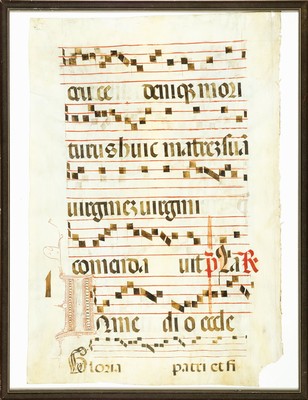 Antiphon-Seite, 16.Jh., Folio aus einer spätmittelalterlichen liturgischen Handschrift gr. 2°, schwarze und rote Tinte auf Pergament, farbig ...