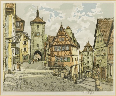 Hans Figura, 1898 Nagykikina/Banat-1997 Hamburg, Plönlein-Rothenburg ob der Tauber, Farbradierung, sign. ca. 26x33cm, PP, u.Gl., R. ca. 51x61cm