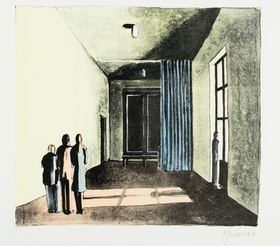 Thomas Huber, geb. 1955 Zürich, Der Besuch, Farblithographie, sign. und dat. 92, ca. 28.5x32cm, PP, u.Gl., R. ca. 51x61cm, Meisterschüler von Fritz ...