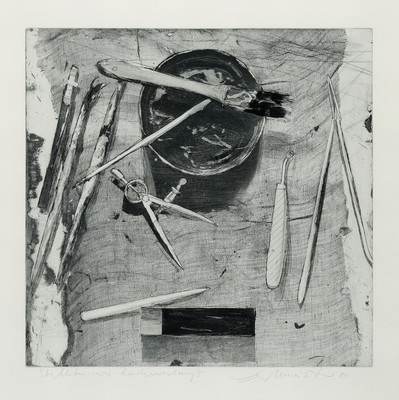 Wolfgang Werkmeister, geb. 1941 Berlin, Stillleben mit Radierwerkzeug, Radierung, sign. und dat. 80, ca. 32x33cm, u.Gl., R. ca. 61x51cm