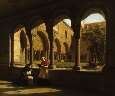 Rudolf Wiegmann, 1804 Adensen-1865 Düsseldorf, Architektur-Vedute: zwei Geistliche im Kreuzgang des Bonner Münsters, Öl/Lwd, rechts unten signiert ...