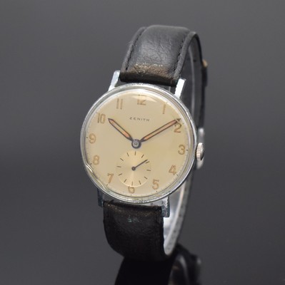 ZENITH Herrenarmbanduhr, Handaufzug, Schweiz um 1940, verchr. Metallgeh. ber., Edelstahlboden aufgedr., silb. orig. Zifferbl. altersbed. fl./pat., ...