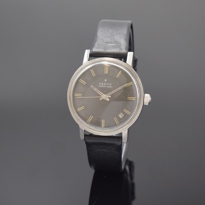 ZENITH Herrenarmbanduhr, Automatik, Schweiz um 1965, Edelstahlgeh., Boden verschr., silbergraues Zifferbl. m. aufgel. Indizes altersbed., fl./pat., ...