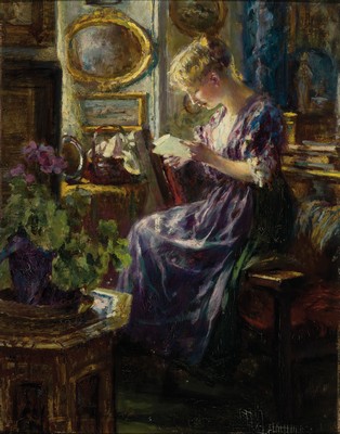 Ferdinand Max Bredt, 1860 Leipzig-1921 Ruhpolding, "Frohe Botschaft" rückseitig so betitelt, junge Frau beim Lesen eines Briefes am ...