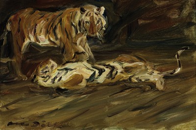 Otto Dill, 1884 Neustadt-1957 Bad Dürkheim, zwei Tiger, Öl/Lwd, doubl., links unten sign., ca. 27.5x40.5cm, R. ca. 36x49cm
