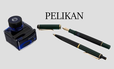 Pelikan Schreibset, best. Kolbenfüller, Kugelschreiber und Tintenfass, schwarzer und grüner Hartlack, Füller-Feder GG 585/000, Stärke M, in ...