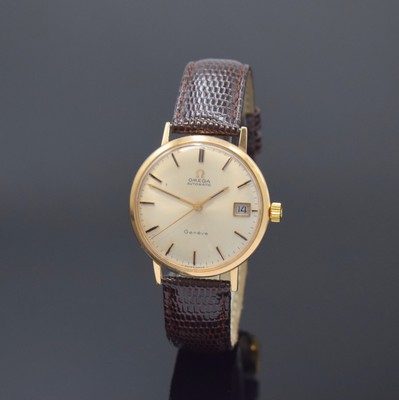 OMEGA Armbanduhr im neutralen Gehäuse in RG 750/000, Schweiz um 1969, Automatik, Boden u. Glasrand aufgedr., silb. Zifferbl. m. aufges. Ind., gold. ...