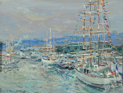 Jean Rigaud, 1912 Bordeaux-1999, "Rouen. L'Armada de La Liberte" so verso betitelt, Hafenansicht mit Segelschiffen, 1994, links unten ...
