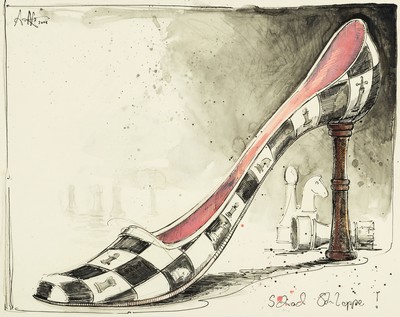 Andreas Noßmann, geb. 1962, "Schach Schlappe", Feder, Aquarell/Bleistift auf Papier, handsigniert, dat. 2008, ca. 33.5 x 42.5 cm, unter ...