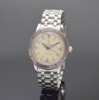 ZODIAC Herrenarmbanduhr Sea Wolf, Schweiz um 1967, Edelstahlgeh., Boden aufgedr., orig. Gliederband m. Faltschl. (JB Champion USA), Lünette m. 60er ...