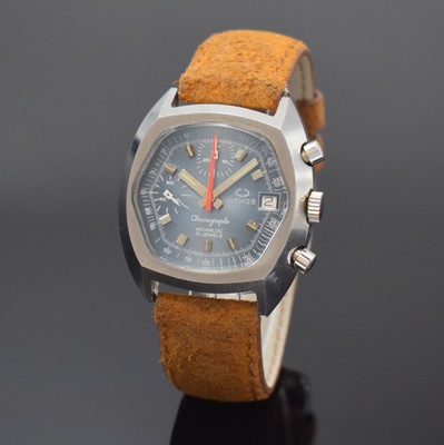 ATHOS Armbandchronograph, Handaufzug, Schweiz um 1970, Edelstahlgeh., Boden verschr., blaues Zifferbl. m. aufgel. Indizes, 30 Min. -Stoppz., Datum, ...