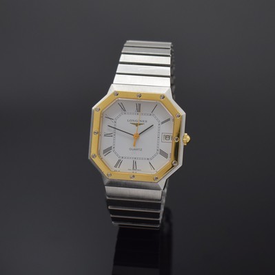 LONGINES Armbanduhr Referenz 4842 950, Schweiz um 1980, quarz, octagonale, z. T. verg. Edelstahlgeh. inkl. Gliederband, Boden aufgedr., emailfarb. ...