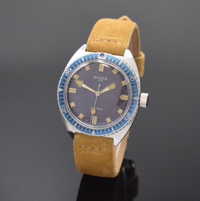 BIFORA 115 Herrenarmbanduhr Skindiver, Handaufzug, Deutschland um 1960, Edelstahlgeh., Boden verschr., blaue Lünette m. 60er Teilung beids. drehb., ...