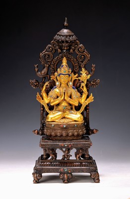 Avalokiteshvara ( Shadakshari-Lokeshvara) Nepal, 20. Jh., Bronze, Kopf und Haare bemalt,z.T. vergoldet, mit Halbedelsteinen besetzt, ca. 28 x 11.5 x ...
