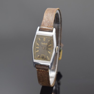 HANHART Armbanduhr, 1930er Jahre, Handaufzug, Edelstahlboden aufgedr., schwarzes orig. Glanzblatt altersbed. fl./pat., tonneauförm. AH-Kal., 15 St., ...
