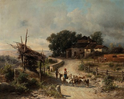 Guido Agostini, erw. zwischen 1865 und 1898,Landschaft mit Bauerngehöft, im Vordergrund Mädchen mit einer Herde Ziegen, Öl/Lwd, rechts unten ...
