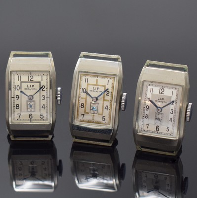 LIP T.18 - 3 rechteckige Armbanduhren aus Lagerbestand um 1940, Frankreich, Handaufzug, Nickelgeh. m. aufgedr. Stahlböden, silb. Art-Deco ...