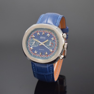 BWC Armbandchronograph in Stahl im typischen 1970er Jahre Design, Schweiz um 1975, Handaufzug, quer-ovales Geh., Boden verschr., blaues ...