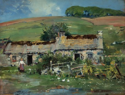 Unleserlich signiert, um 1900, Sommerliche Landschaft mit Bauernhaus und Bäuerin, Öl/Malkarton, links unten sign., ca. 28x36cm, u.Gl., R. ca. ...