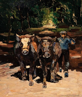 Georg Arnold-Graboné, 1896 München-1982 Starnberg, Bauer mit Ochsengespann, Öl/ Malkarton, rechts unten sign., expressiver pastoser Farbauftrag, ...