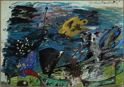 Günter Reichenbach, geb. 1955 Norsingen, Abstrakte Landschaftsdarstellung, Mischtechnik auf Malkarton, rechts oben signiert, ca. 59x 83cm, PP, ...