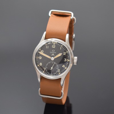 OMEGA Mark X Militär-Armbanduhr der britischen Streitkräfte in Stahl, Schweiz um 1945, Handaufzug, 2-tlg. Geh., verschr. Boden m. Militär-Grav., ...