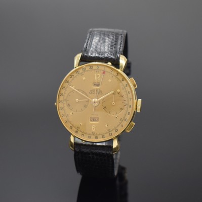 ANGELUS Chronodato großer Armbandchronograph mit Vollkalender in GG 750/000, Schweiz um 1945, Handaufzug, 3-tlg. Geh., tropfenförmig. ...