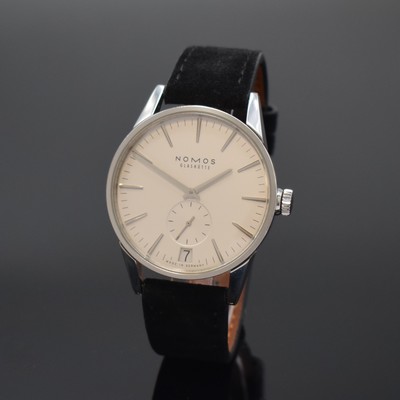 NOMOS Zürich Automatik große Armbanduhr in Stahl, Deutschland um 2020, beids. vergl. Geh., Boden 6-fach verschr., silb. Zifferbl., aufges. silb. ...