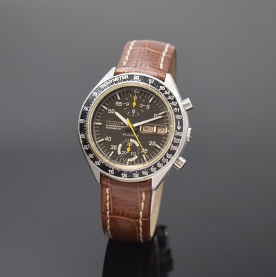 CITIZEN Chronograph Automatik Herrenarmbanduhr in Stahl, Japan um 1975, verschr. Geh. Ref. 67-9313, schwarz. Tachymeter-Lunette, schwarz. Zifferbl., ...
