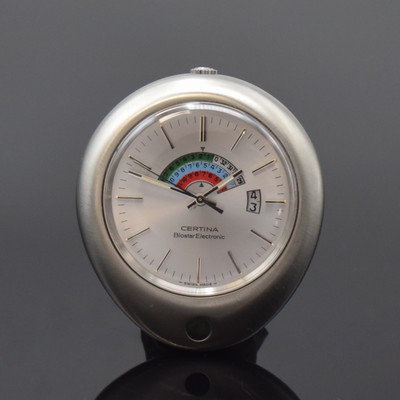 CERTINA Biostar Electronic nahezu neuwertige Bio-Rhythmus Taschenuhr in Stahl, Schweiz um 1975, satiniertes, Ei-förm. Geh., Boden verschr., ...