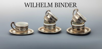 Set 5 Teetassen mit Untersetzern, 835er Silber, deutsch, um 1920, schlichte Tassenhalter mit Mäanderbordüre, Henkel mit l. floralen Elementen, mit ...