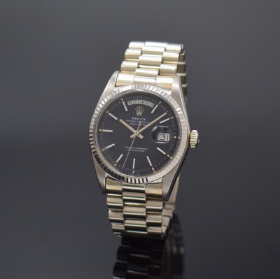 ROLEX Oyster-Perpetual Day-Date Herrenarmbanduhr in WG 750/000 Referenz 1803, Schweiz um 1970, Automatik, Chronometer der Superlative, Präsidentband ...