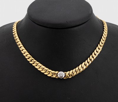 14 kt Gold Diamant Flachpanzer-Collier, GG/WG 585/000, in WG gefasster Brillant ca. 0.15 ct Weiß/p, L. ca. 42 cm, Karabinerschließe, ca. 16.6 g