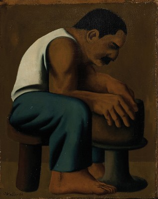 Jürgen Waller, 1939 Düsseldorf-2022 Bremen, Der Töpfer, Öl/grober Lwd, links unten sign., ca. 50x40cm, R. ca. 55x45cm