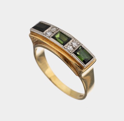 14 kt Gold Turmalin-Diamant-Ring, 1950er Jahre, GG/WG 585/000, 3 Turmalin-Baguettes zus. ca. 1.10 ct, 4 8/8-Diamanten zus. ca. 0.12 ct Weiß/si, RW ...