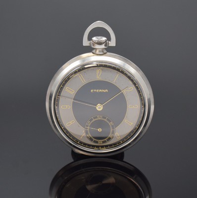 ETERNA offene Frackuhr in Stahl, Schweiz um 1935, Handaufzug, Boden aufgedr., schön erhaltenes schwarz-graues Zifferbl. l. fl., arab. Zahlen, gold. ...