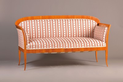 Sofa, um 1900, Biedermeierstil, Kirschbaum furniert, Polsterung und Bezug erneuert, H. ca. 96cm, B. ca. 185cm, T. ca. 70cm, Sitzh. ca. 52cm